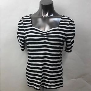 a.n.a black and white ruched striped short sleeve shirt